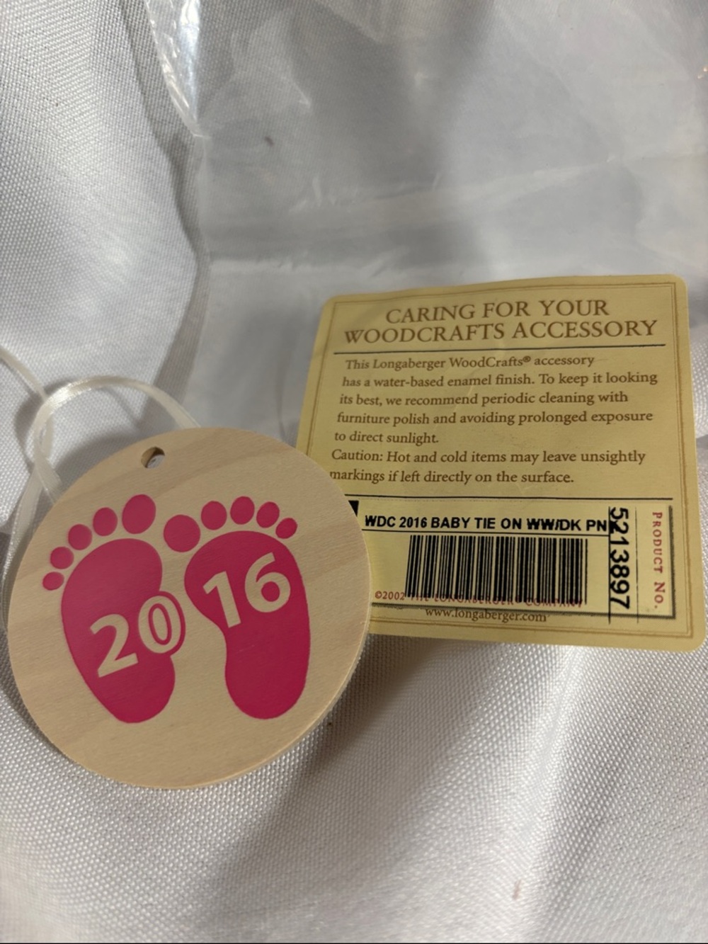Longaberger Wooden Tie-on with Pink Baby Feet 2016
